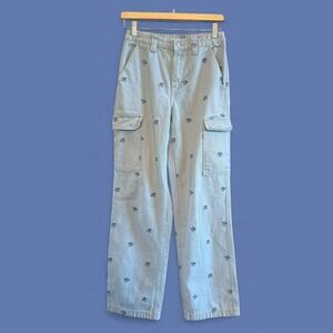Women Pacsun Blue Baggy Carpenter‎ Y2K Embroidered Mushrooms Cargo Pants-Small